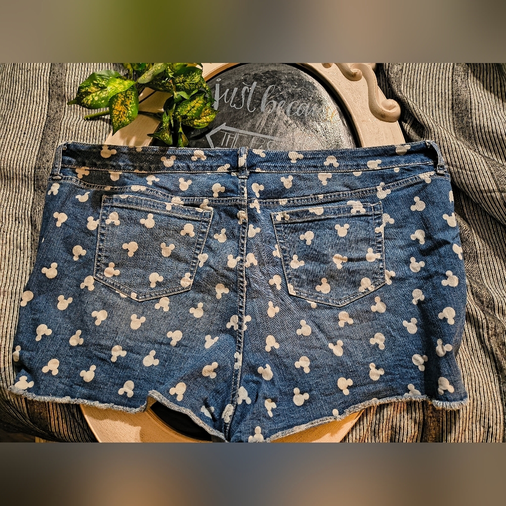 Disney Blue Denim Shorts with White Mickey Icon Print - Picture 2 of 8